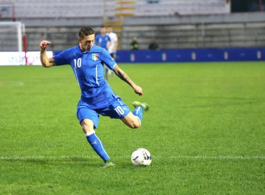 VICENZA, ITALY - October 13, 2015: UEFA Under-21 Championship , football match Italy vs  and Republic of Ireland at Romeo Menti Stadium.