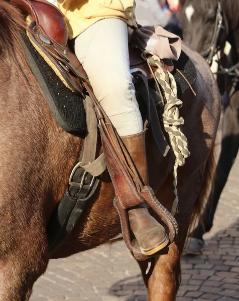 Fot i stigbygeln av hästen under ritten — Stockfoto
