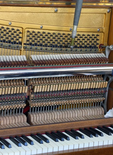 在一架钢琴与小槌和琴弦的调谐器 — 图库照片