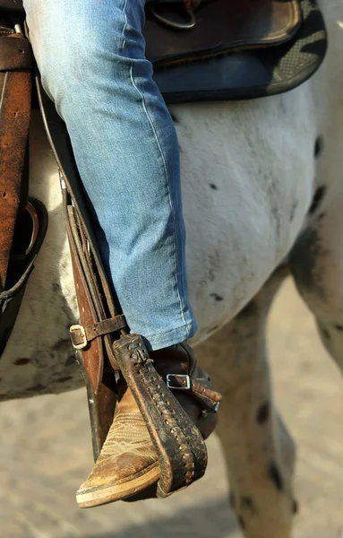 Pie de vaquero en el estribo del caballo durante el paseo — Foto de Stock