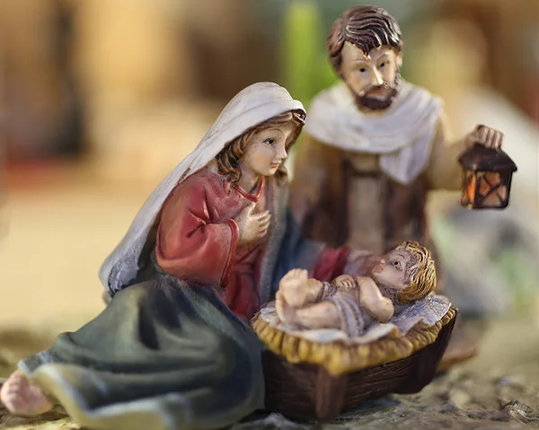 Nativity scene jesus child with Mary and Joseph with the lantern — Stock Photo, Image