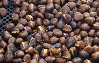 chestnuts roasted in giant pan on the fire from a street vendor