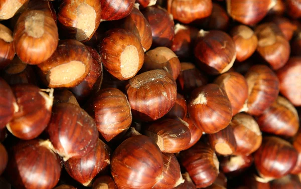 Muitas castanhas assadas no fogo de um vendedor de rua no r — Fotografia de Stock