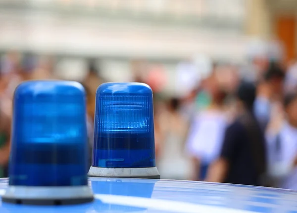 Two blue lights siren of a police car in the city — Stock Photo, Image