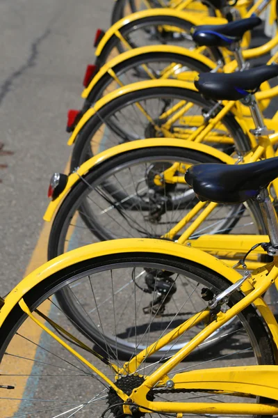 Amarelas bicicletas no rack de bicicleta do sy urbano de partilha de bicicletas — Fotografia de Stock