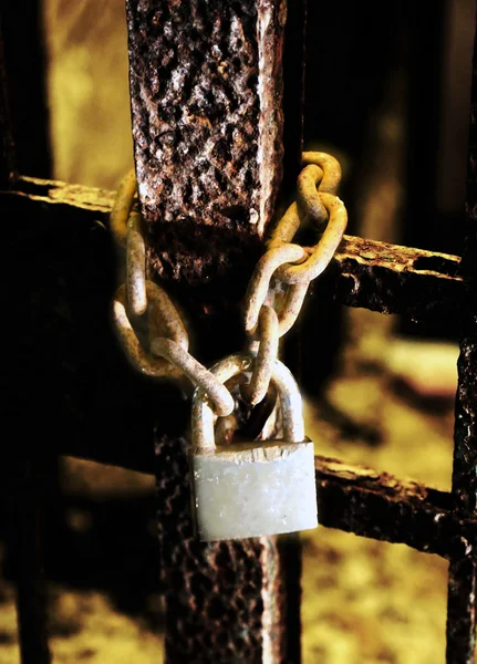 Candado oxidado con la cadena y la puerta pesada —  Fotos de Stock