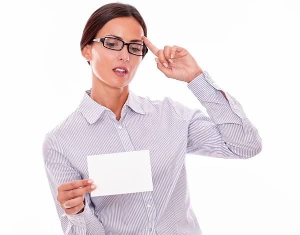 Thinking brunette businesswoman with copy space — Stock Photo, Image