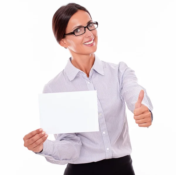 Brunette businesswoman with signboard — Stock Photo, Image