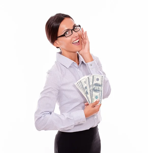 Excited businesswoman holding money — Stock Photo, Image