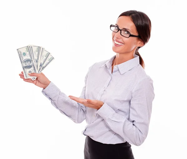 Smiling happy businesswoman with money — Stock Photo, Image