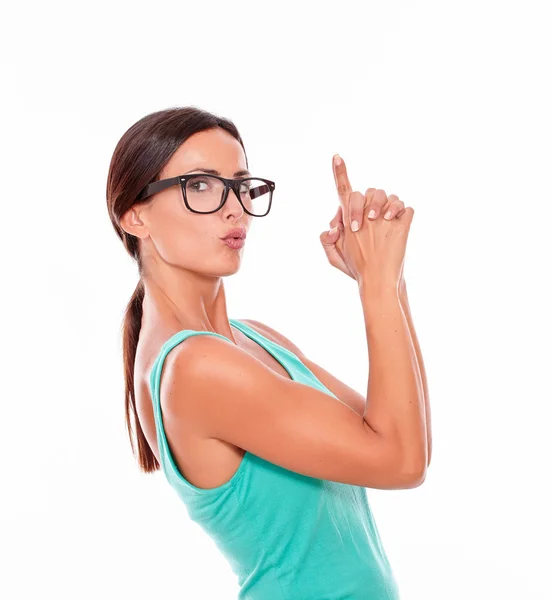 Woman pointing at copy space — Stock Photo, Image
