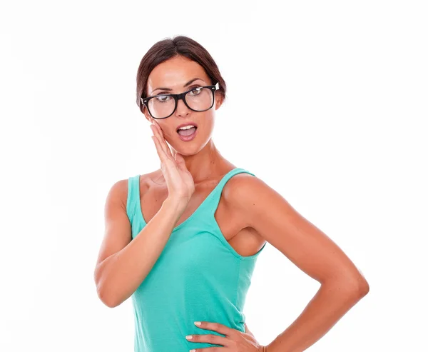 Surprised woman holding her chin — Stock Photo, Image
