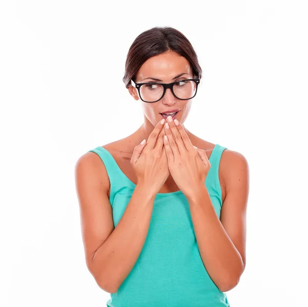 Mistaken woman with hands to mouth — Stock Photo, Image