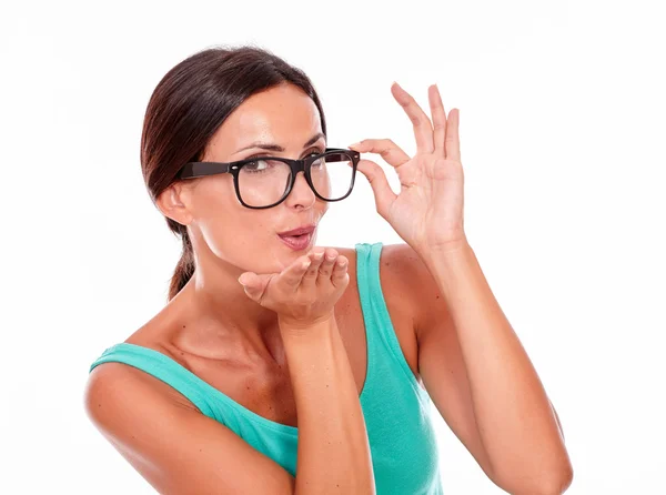 Adult caucasian woman blowing kiss — Stock Photo, Image