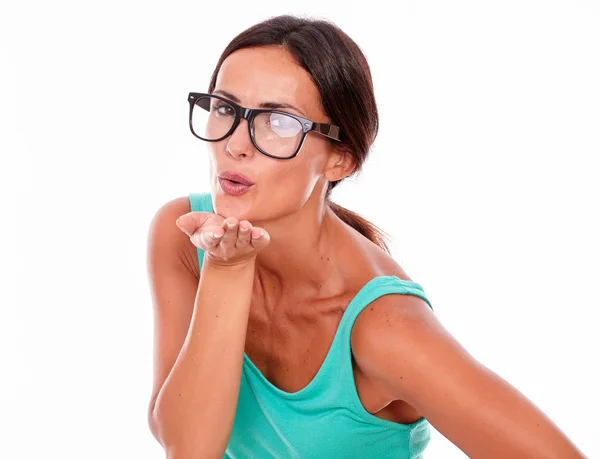 Adult caucasian woman blowing kiss — Stock Photo, Image