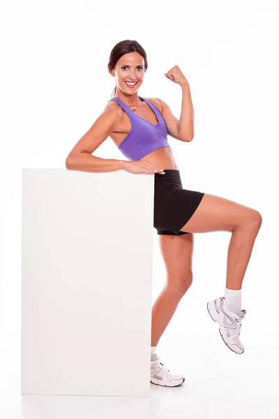 Satisfied woman with blank placard — Stock Photo, Image