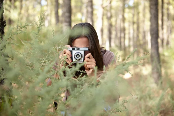 Chica tomando fotos en el bosque — Foto de Stock