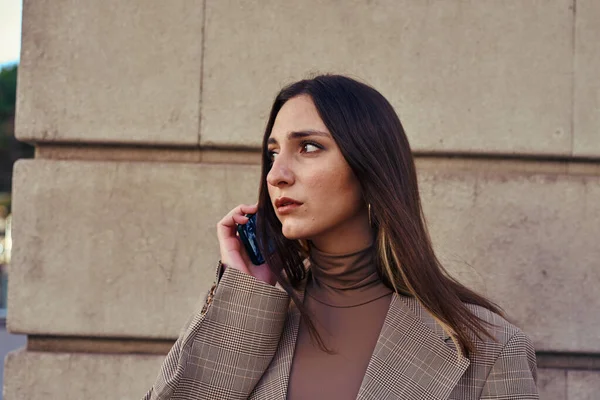 Engaged Lady Next Building Busy Call While Looking Side Deep — Stock Photo, Image