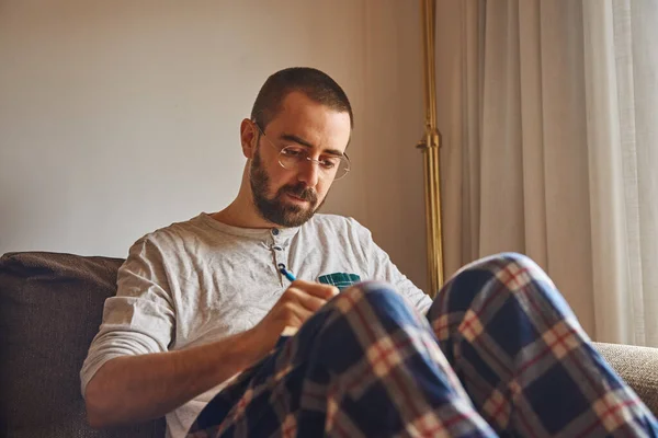 Front View Pensive Middle Aged Man Writing Sitting Comfortably Both — Stock Photo, Image