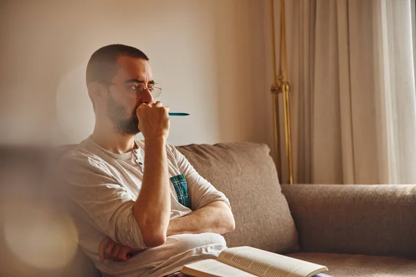 Middle Aged Man Serious Deep Thought Holding Pencil Mouth Folding — Stock Photo, Image