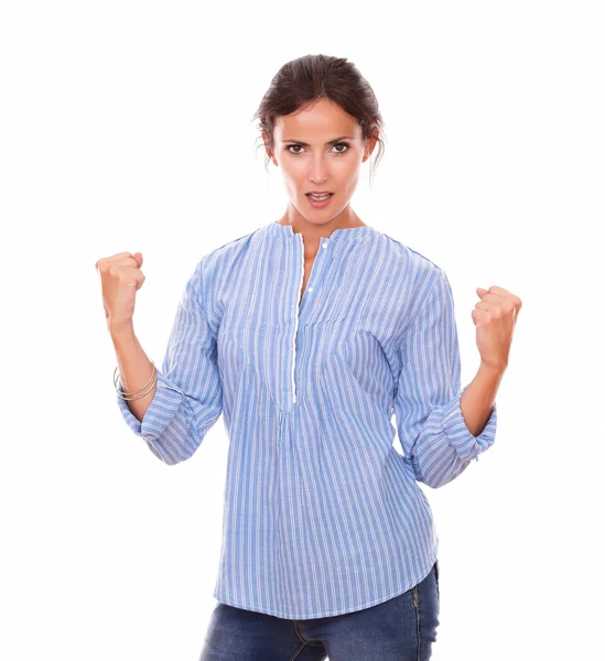Satisfied latin lady with winning fists — Stock Photo, Image