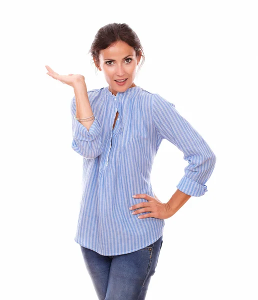 Sexy adult woman holding her left palm up — Stock Photo, Image