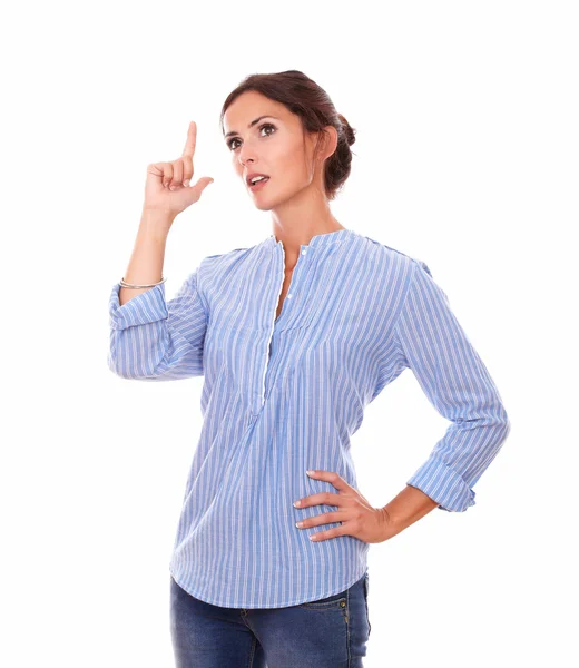 Wondering adult lady on blue blouse looking up — Stock Photo, Image