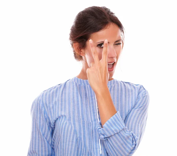 Brunette with victory sign winking her eye — Stock Photo, Image