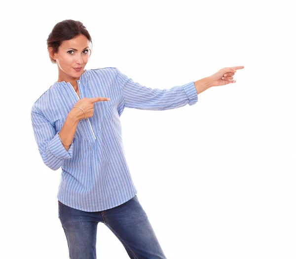 Lovely woman pointing to her left — Stock Photo, Image