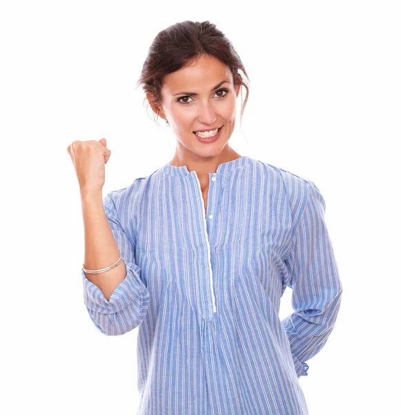 Charming adult lady punching up on victory gesture — Stock Photo, Image