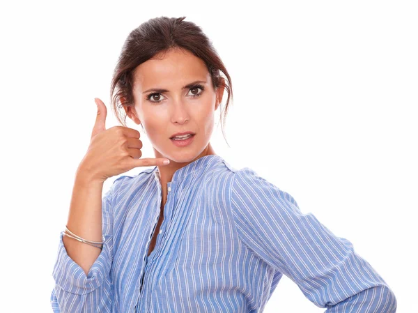 Surprised adult lady with call gesture — Stock Photo, Image