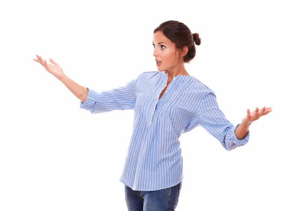 Surprised woman holding up her hands — Stock Photo, Image