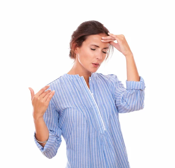 Friendly latin woman with headache standing — Stock Photo, Image