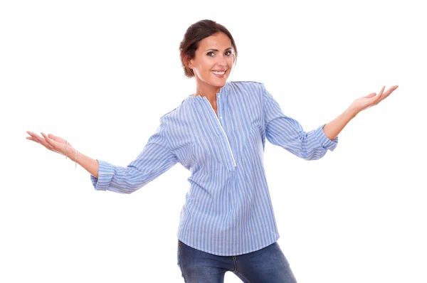 Charming adult female holding up her arms — Stock Photo, Image