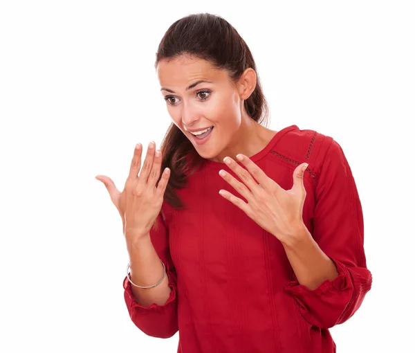 Friendly young lady with surprised gesture — Stock Photo, Image