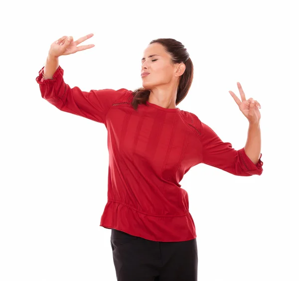 Adult pretty brunette with victory sign — Stock Photo, Image