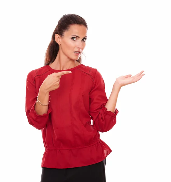 Sexy alone lady holding her left palm up — Stock Photo, Image