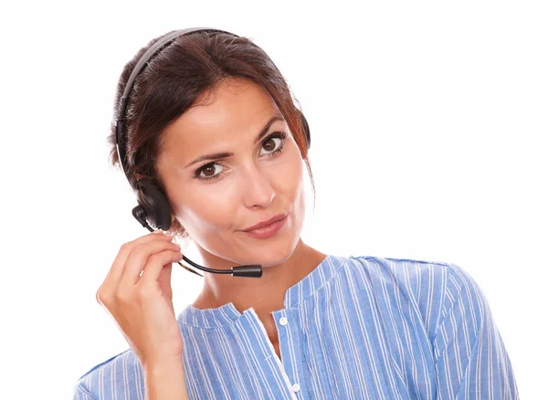 Charismatic operator woman speaking on microphone — Stock Photo, Image