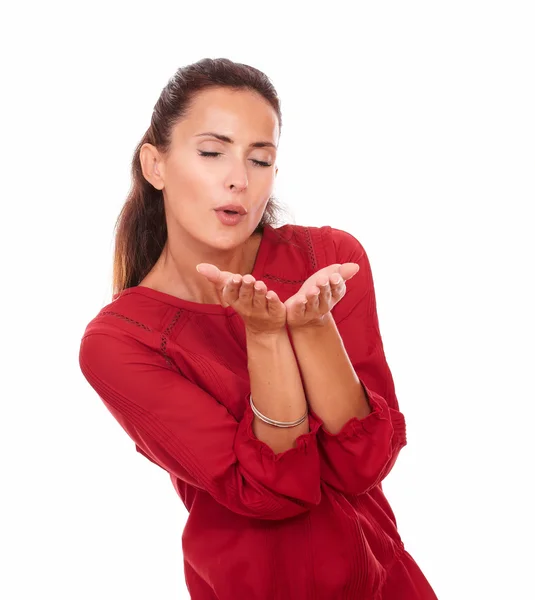 Beautiful woman holding her palms up — Stock Photo, Image