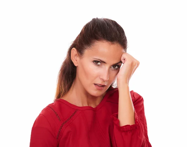 Attractive young lady with headache looking at you — Stock Photo, Image