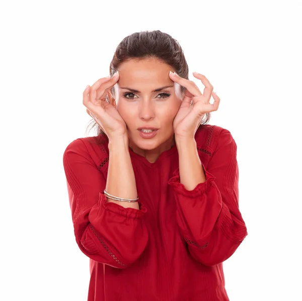 Pretty latin lady with head pain — Stock Photo, Image