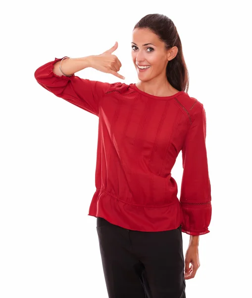 Pretty adult female with call gesture — Stock Photo, Image