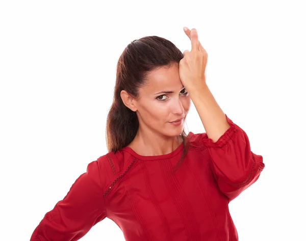 Adult lady wishing with lucky sign — Stock Photo, Image