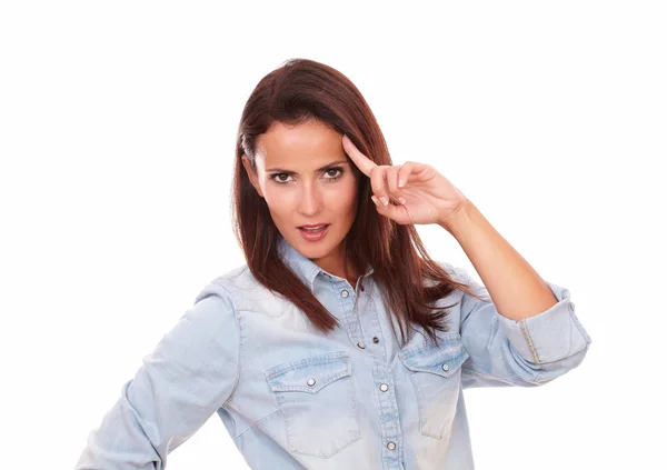 Sexy adult brunette with asking gesture — Stock Photo, Image