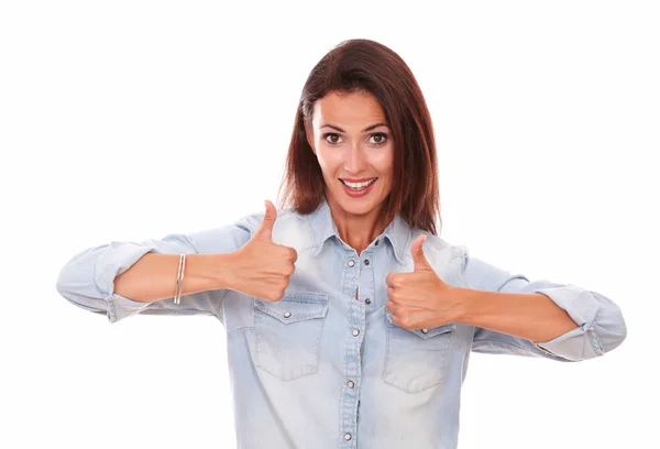 Lovely hispanic lady with good job gesture — Stock Photo, Image