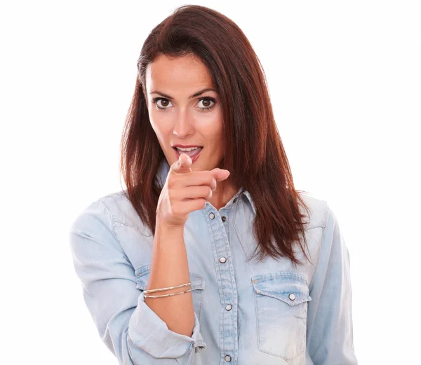 Charming female pointing and looking at you — Stock Photo, Image