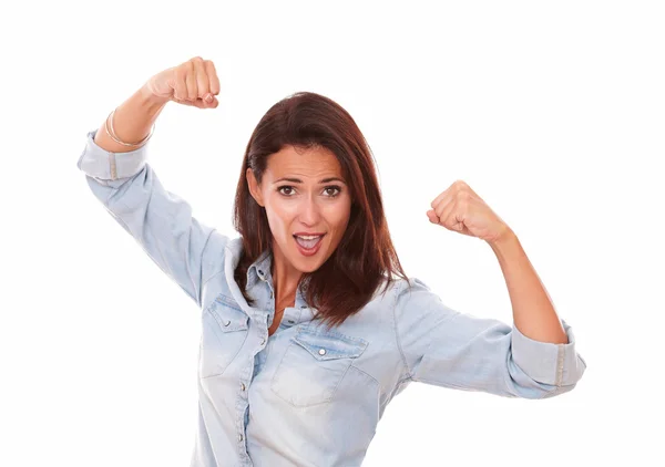 Positive young lady celebrating her victory — Stock Photo, Image