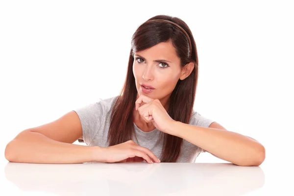 Pensive adult brunette asking a question — Stock Photo, Image