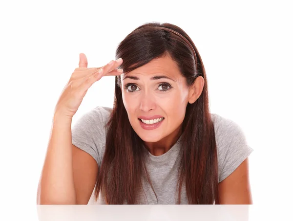 Embarrassed young woman with fail gesture — Stock Photo, Image