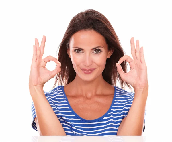 Pretty adult lady gesturing ok sign — Stock Photo, Image